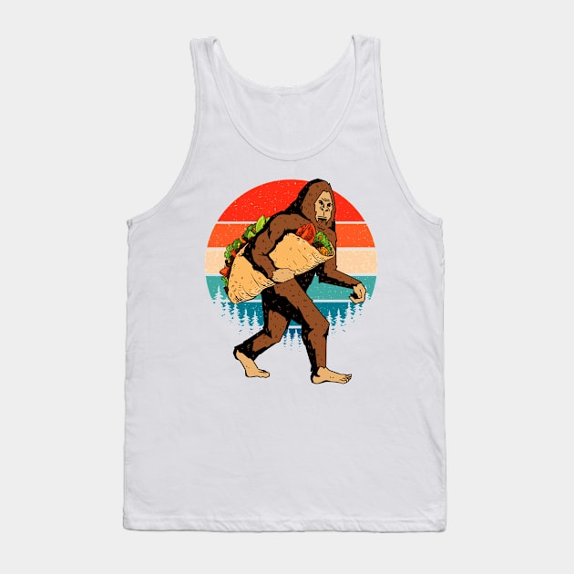 Bigfoot Carrying A Taco Retro Sunset Tank Top by Tesszero